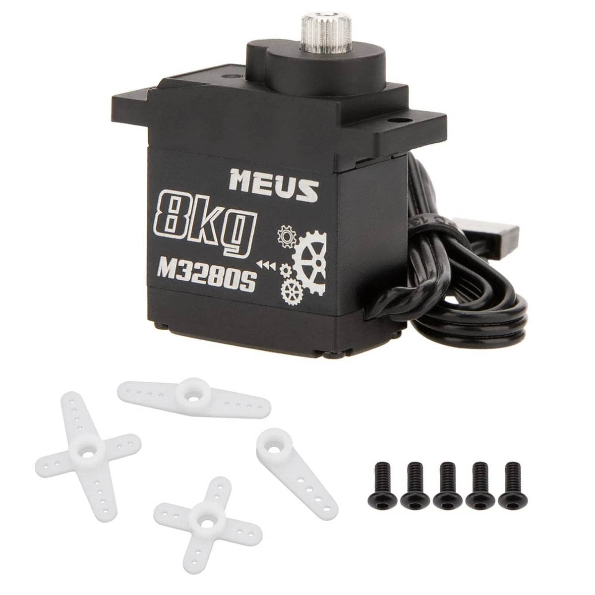 Black digital RC micro servo with wiring, white control horns, and mounting screws