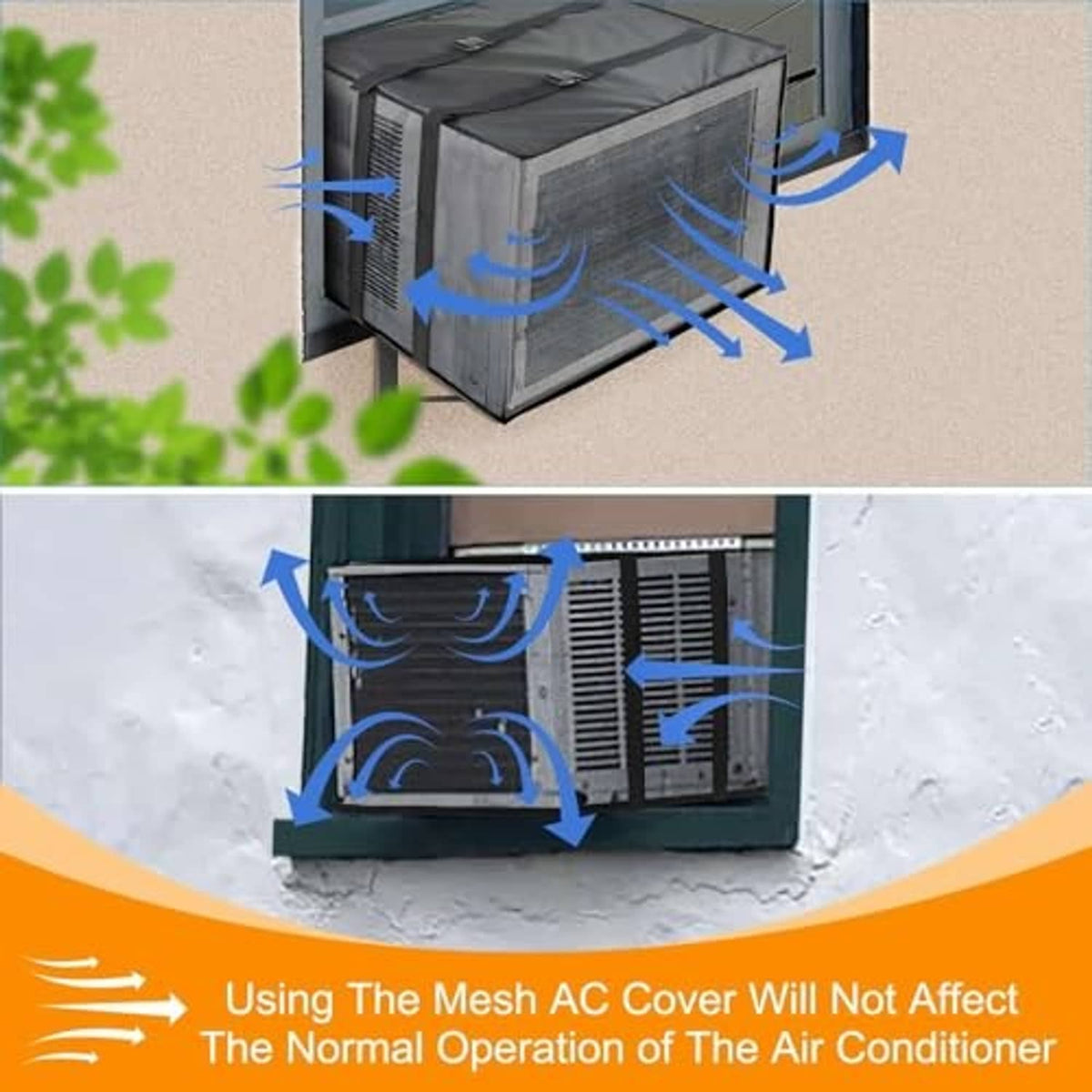 Mesh AC cover on window unit, covering front and sides while allowing airflow