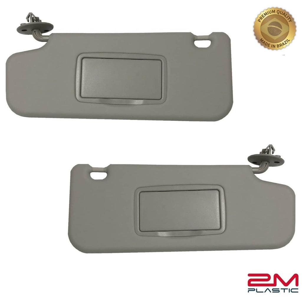 Gray sun visor with rectangular mirror cover and mounting clips, PM Plastic