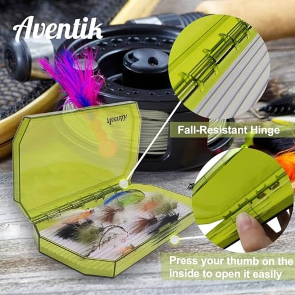 Green fly box with clear lid, fall-resistant hinge and easy thumb-open design