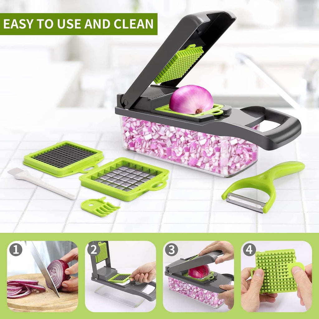 Gray and green vegetable chopper with onion being diced; included trays and blade tools