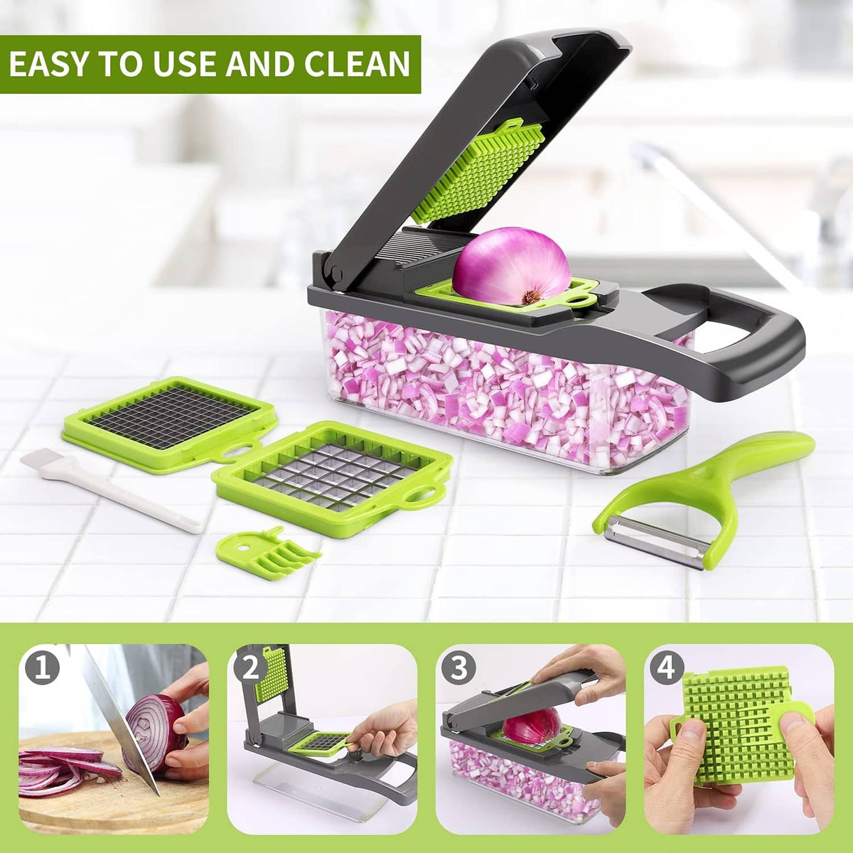 Gray and green vegetable chopper with onion being diced; included trays and blade tools