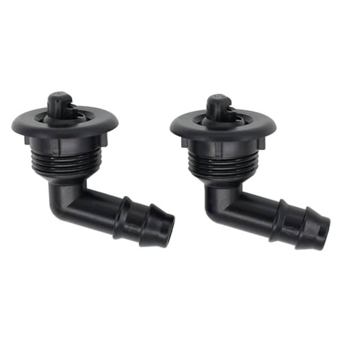 Pair of black threaded washer nozzle sprayers with curved outlet pipes
