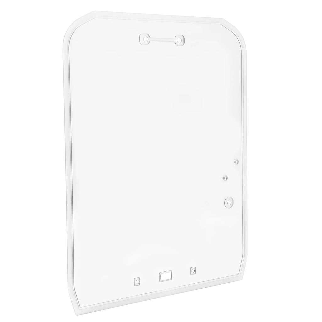 Skid steer door glass window panel, clear plastic with latch and fastener holes