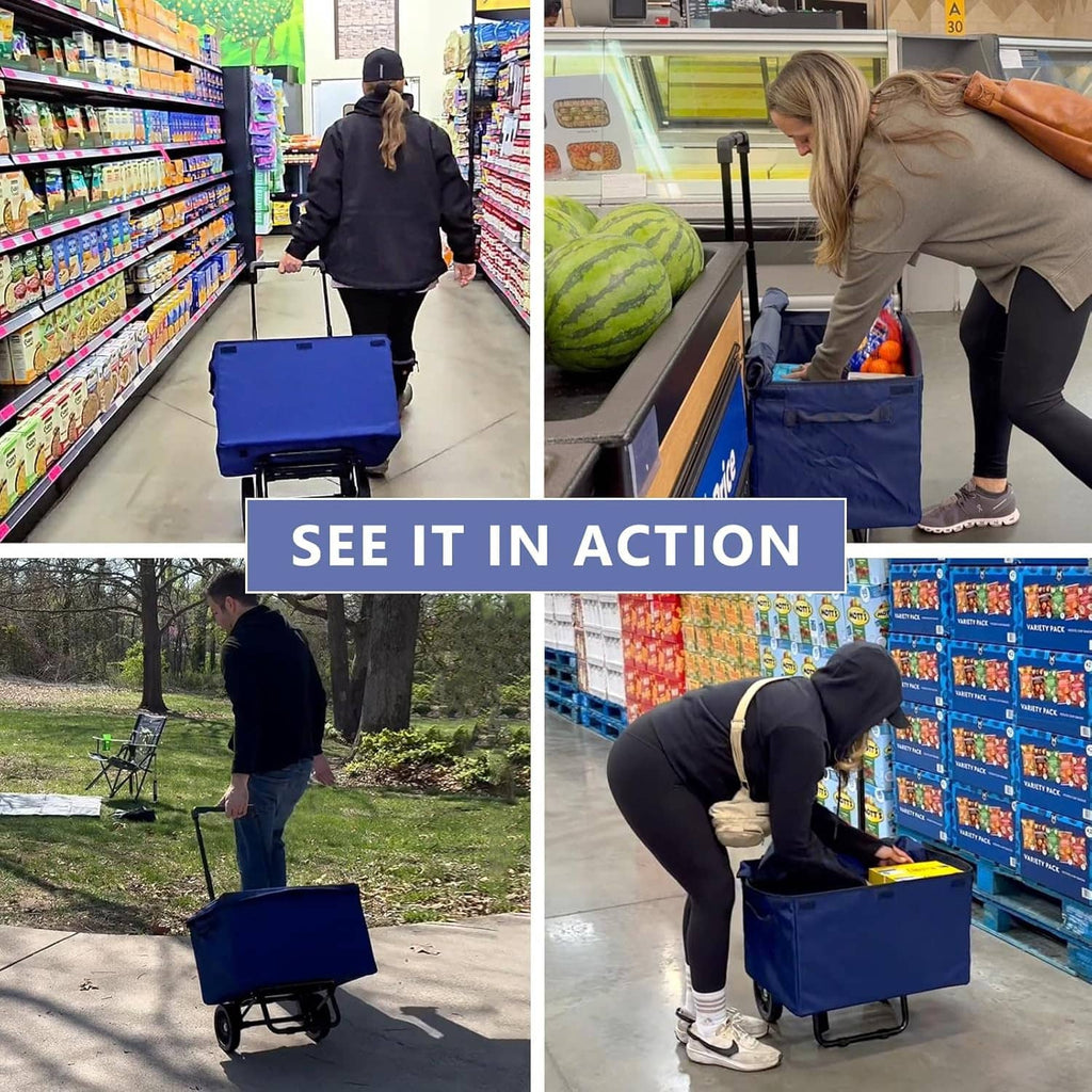 Blue folding shopping cart on four wheels, shown in store and outdoor use