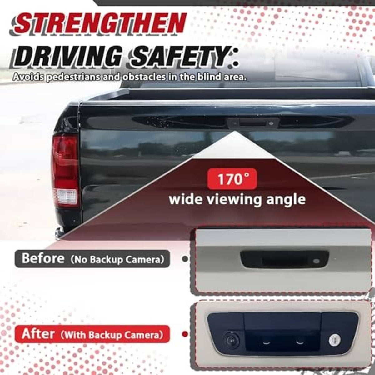 Rear tailgate handle with backup camera module on vehicle hatch