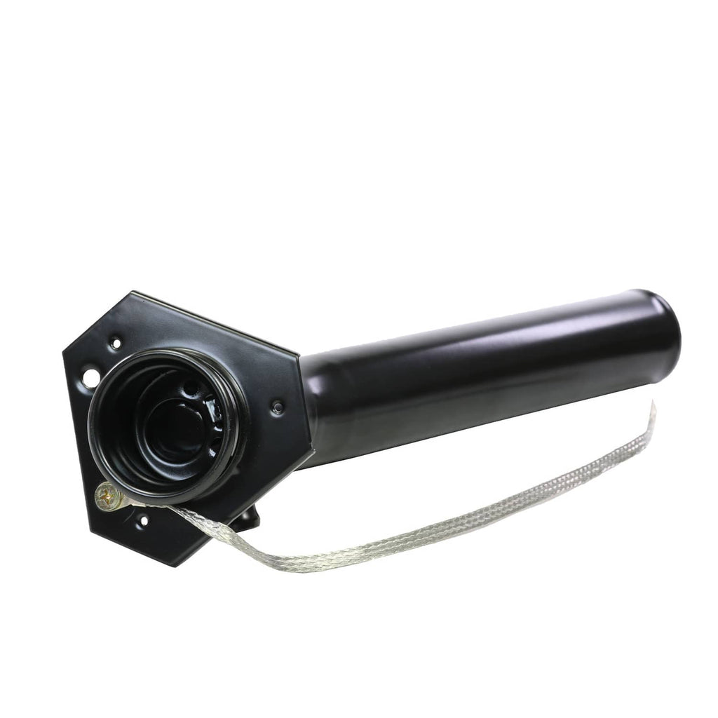 Fuel tank filler neck tube with mounting flange and tether cord, black opening