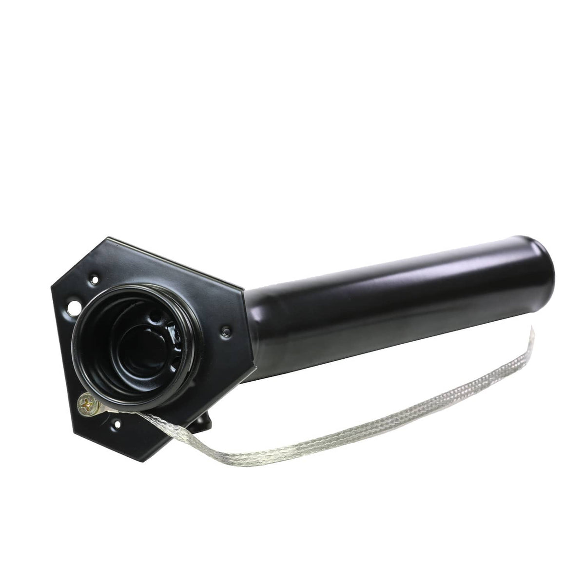 Fuel tank filler neck tube with mounting flange and tether cord, black opening