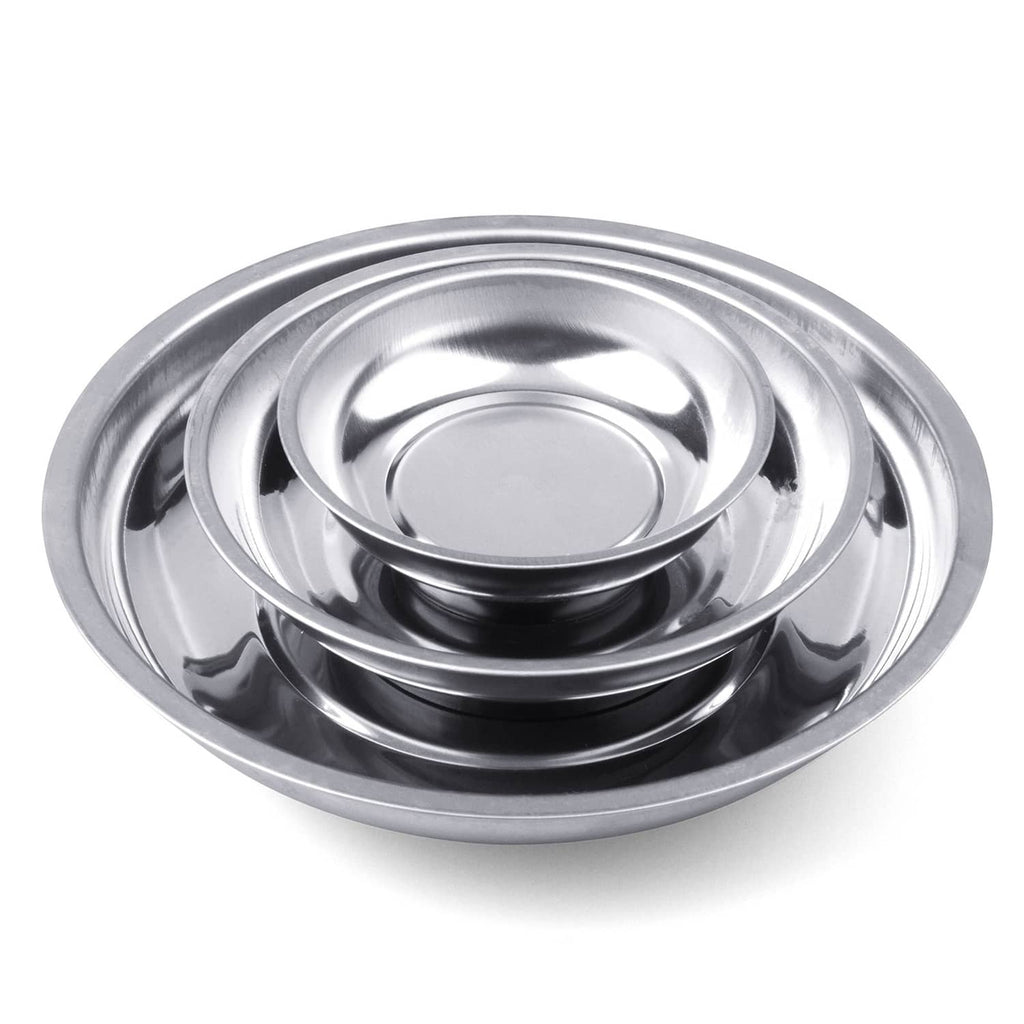 Three-piece round magnetic parts tray set, brushed stainless steel nesting bowls