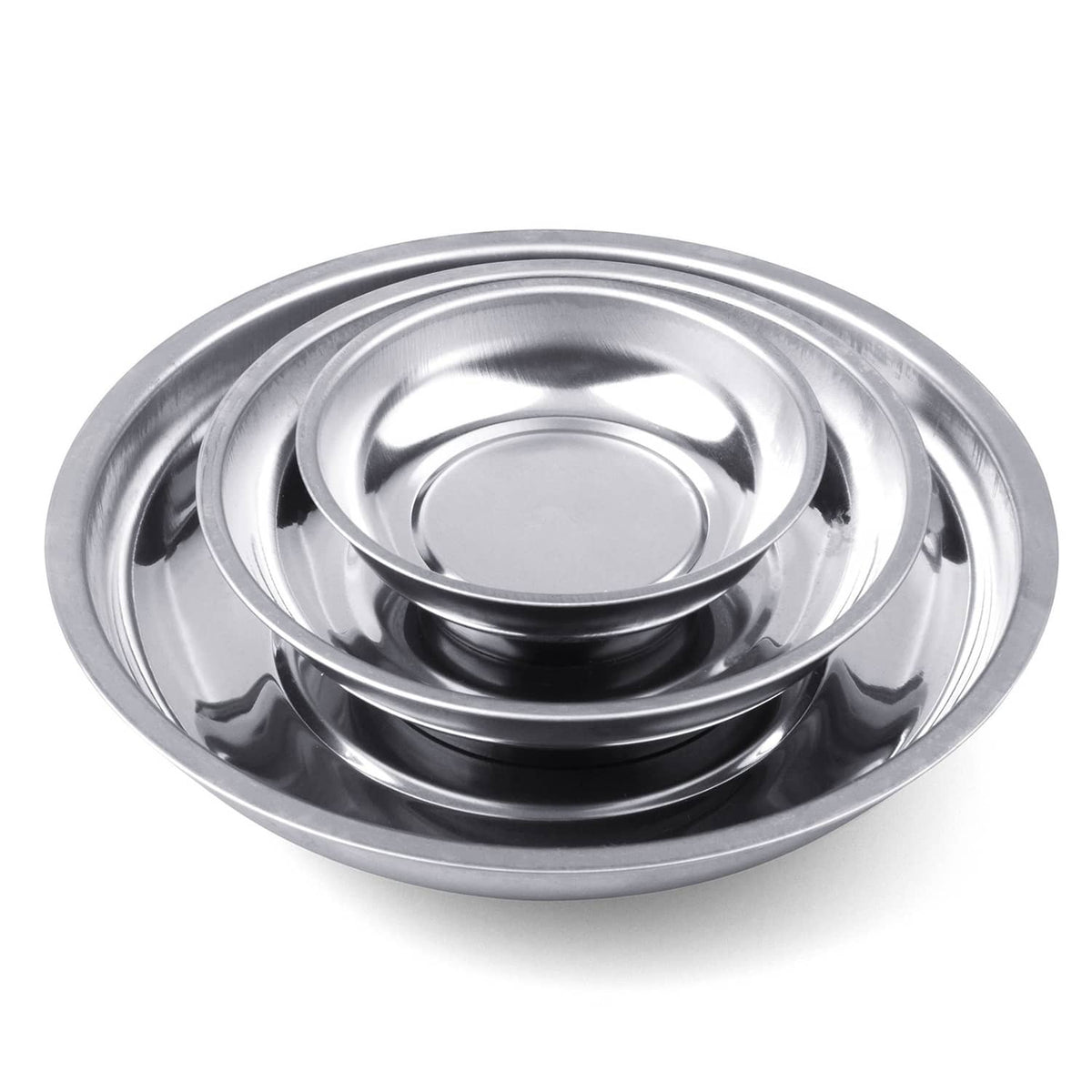 Three-piece round magnetic parts tray set, brushed stainless steel nesting bowls