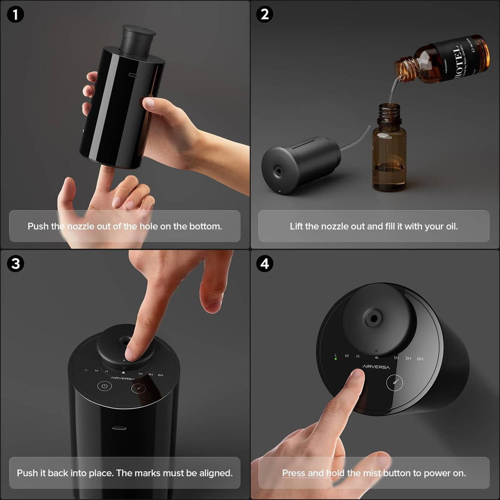 Black waterless essential oil diffuser with removable nozzle port and bottle opening
