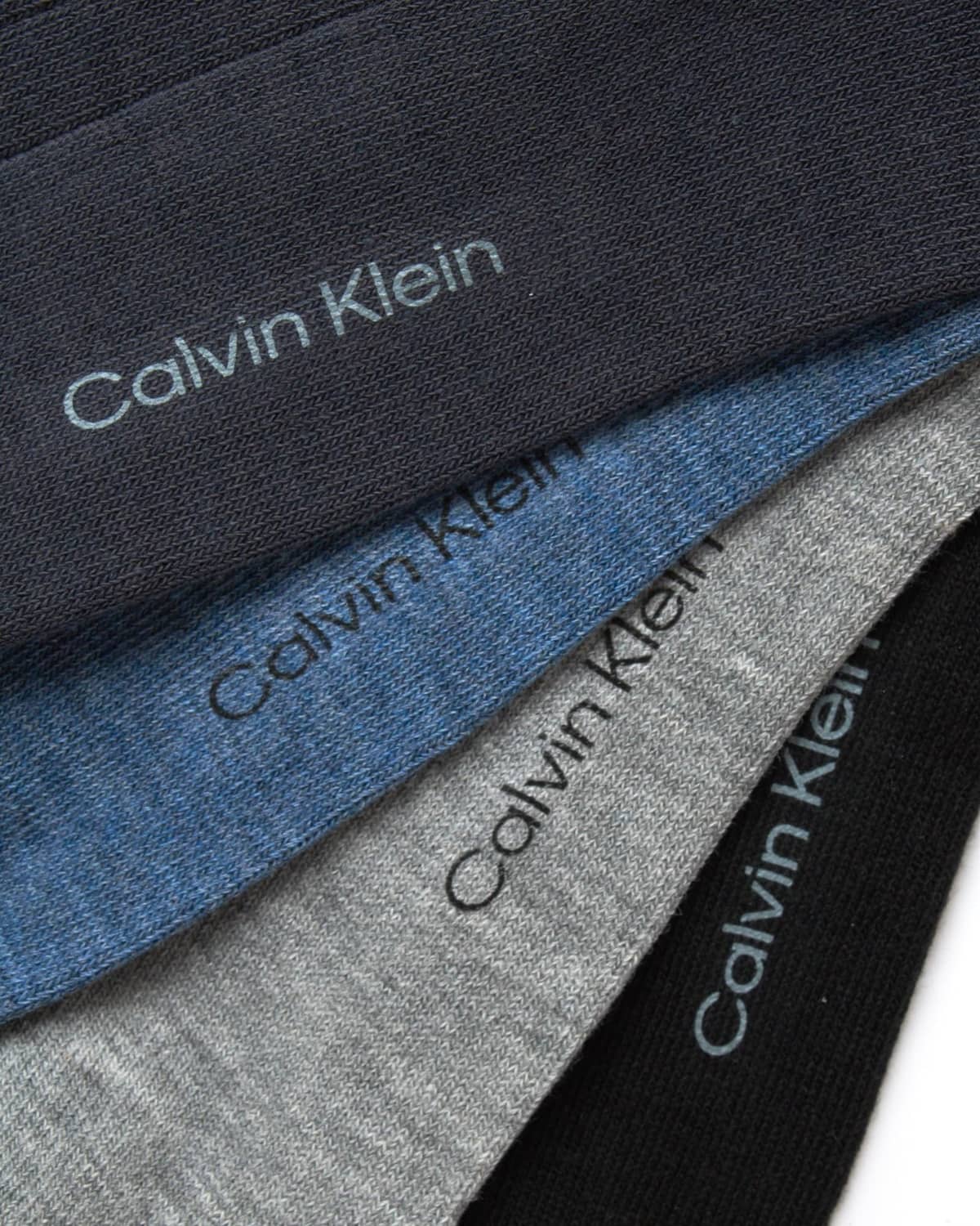 Calvin Klein logo crew socks close-up of blue and gray ribbed bands