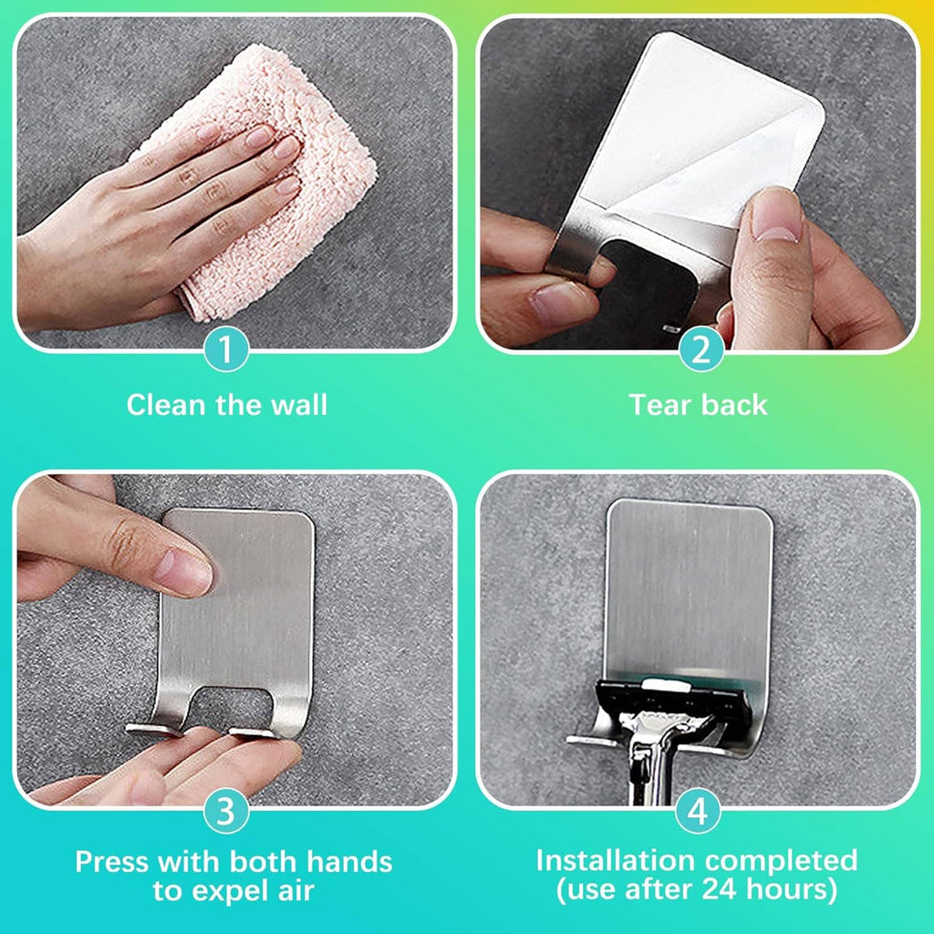 Adhesive razor holder installation: clean wall, tear backing, press plate to mount