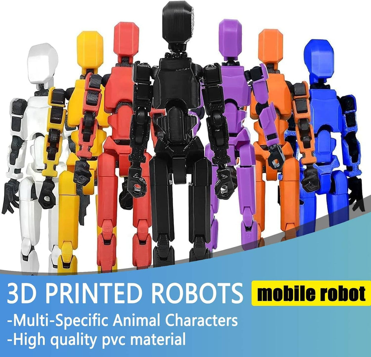 Assorted color 3D printed robot action figure set, standing in a lineup