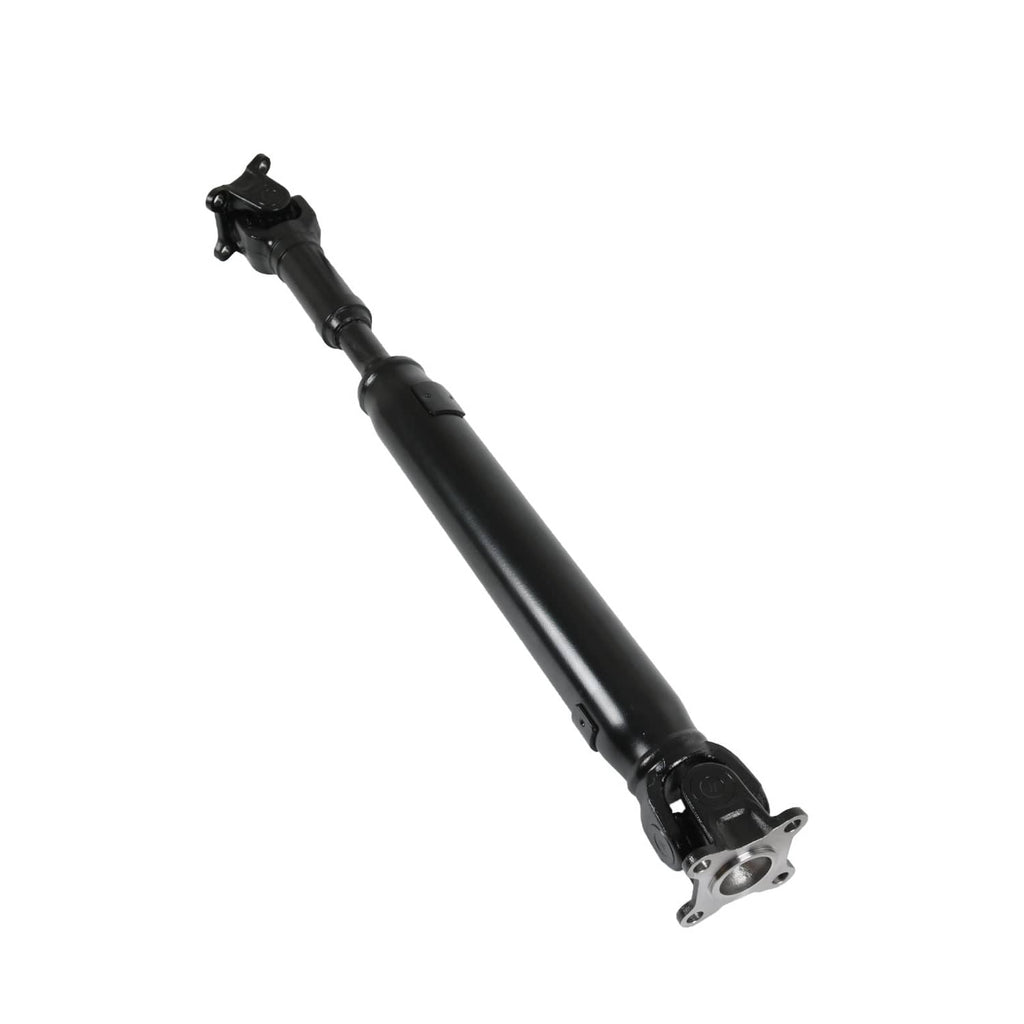Front prop shaft assembly angled view, dark driveshaft with mounting flange