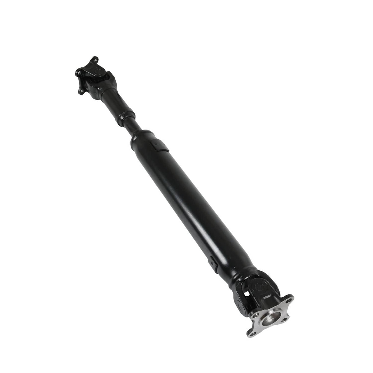 Front prop shaft assembly angled view, dark driveshaft with mounting flange
