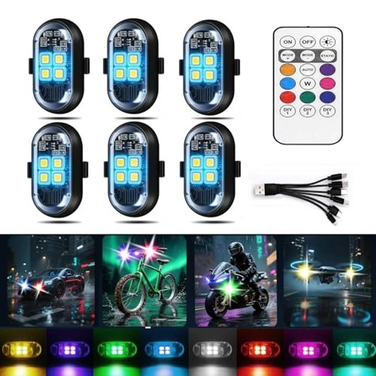 Six black LED strobe lights with colored lens panels and wireless remote control