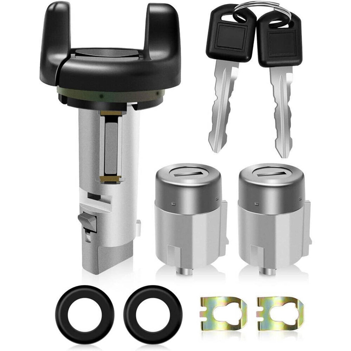 Ignition switch cylinder and door lock keys set, black and silver with two keys