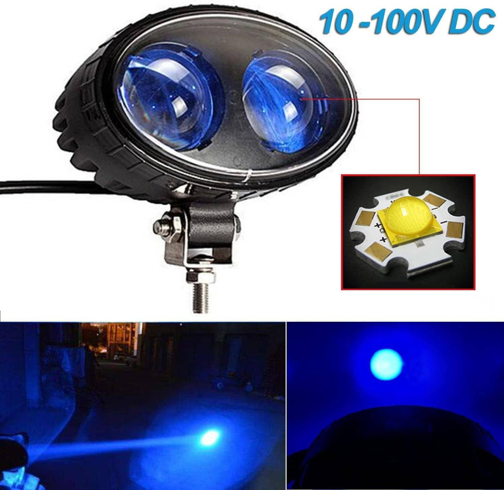 Blue dual-lens LED safety spot light with black mount and visible blue glow