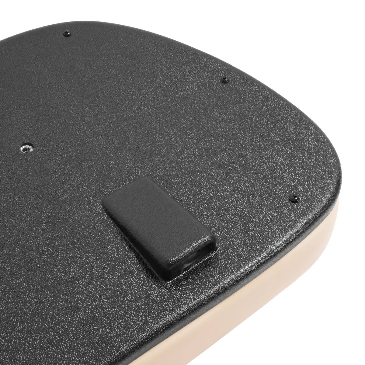 Black seat back cushion underside close-up with mounting tab and screw holes
