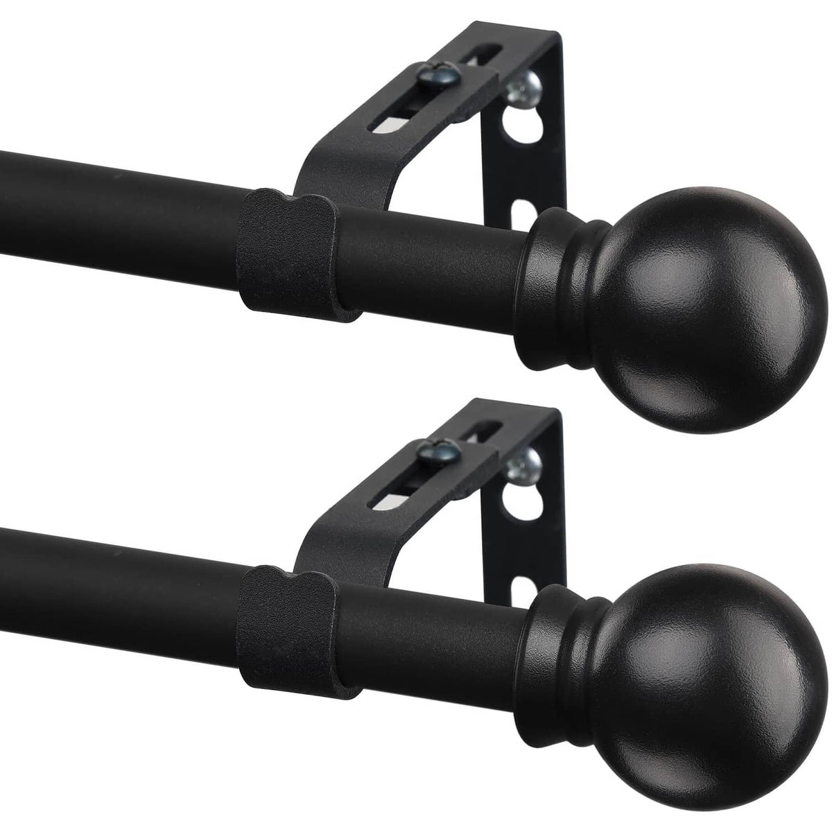 Matte black curtain rod set with rounded finials and mounting brackets, 2-pack