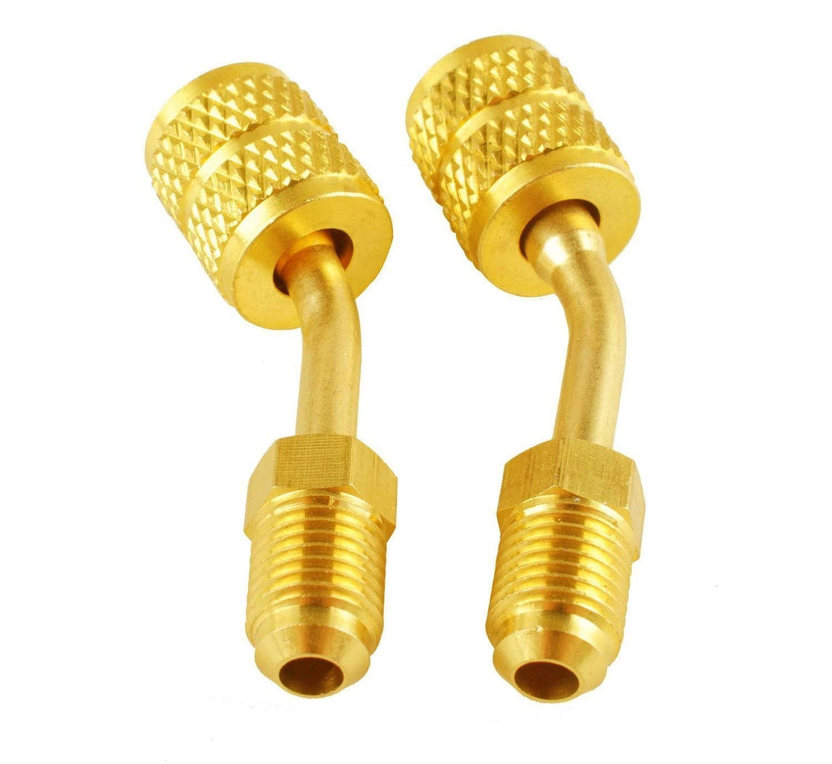 Gold quick-coupler adapter with knurled grip, threaded coupling ends, and outlet