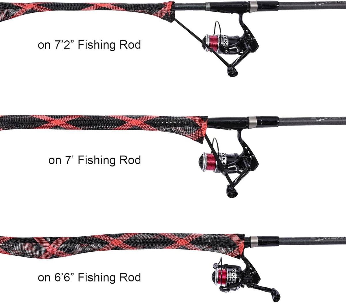 Fishing rod sleeve socks fitted on 7 ft, 7'2, and 6'6 rods for protection