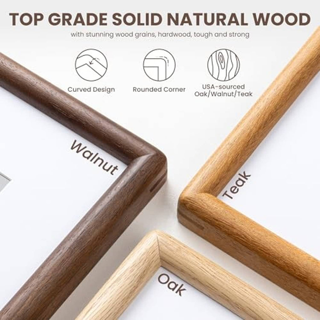 Walnut picture frame corner with curved profile and visible wood grain, close-up