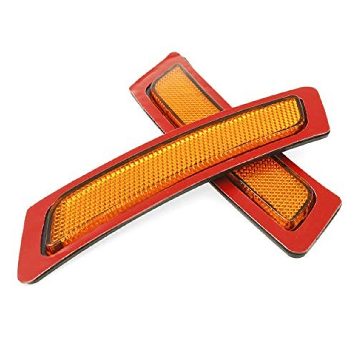 Two amber rectangular side marker reflectors with red border housing