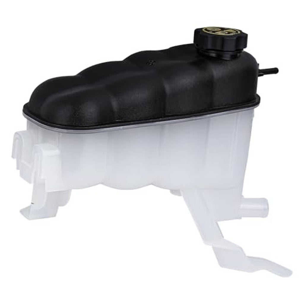 Engine coolant reservoir tank with cap, black top and white expansion section