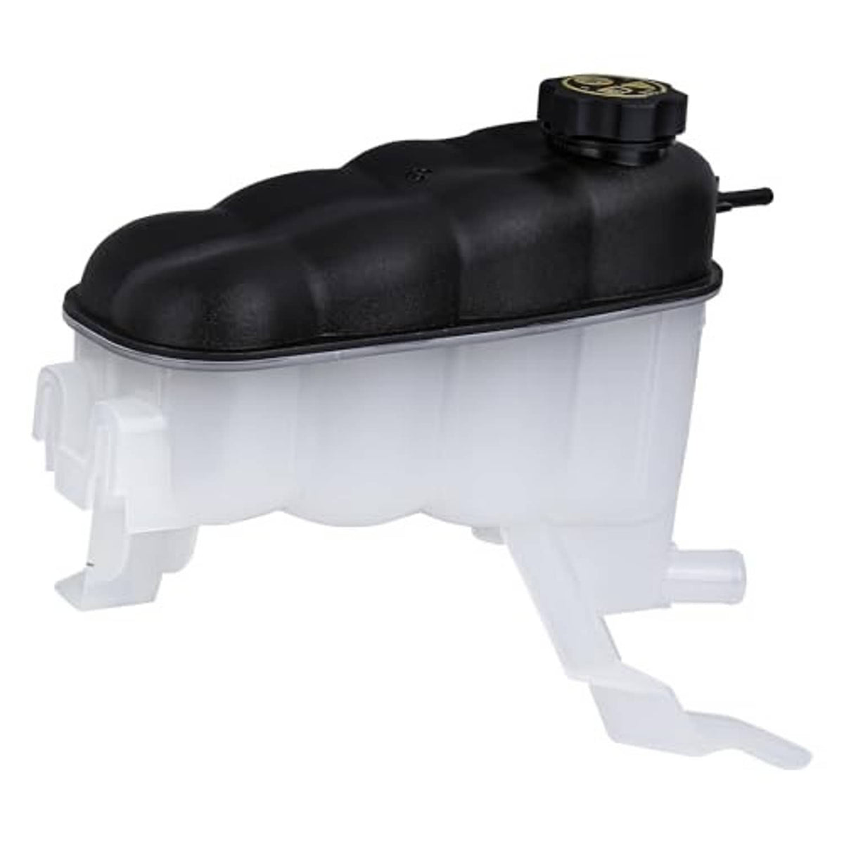 Engine coolant reservoir tank with cap, black top and white expansion section