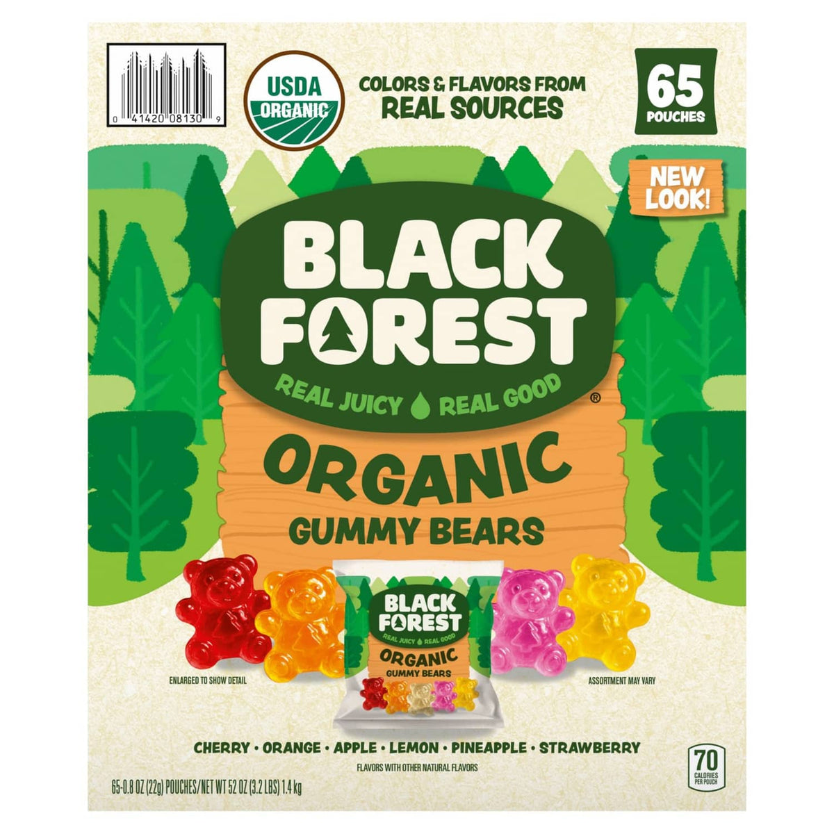 Organic gummy bear pouch with mixed-color bears, 65 pouches, USDA Organic.