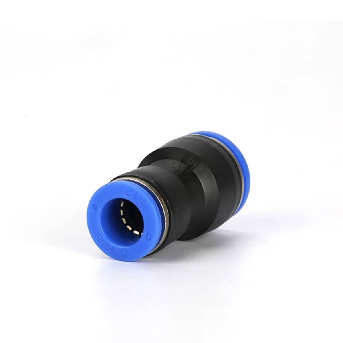 Black tube reducer push-to-connect connector with blue end ring and silver band