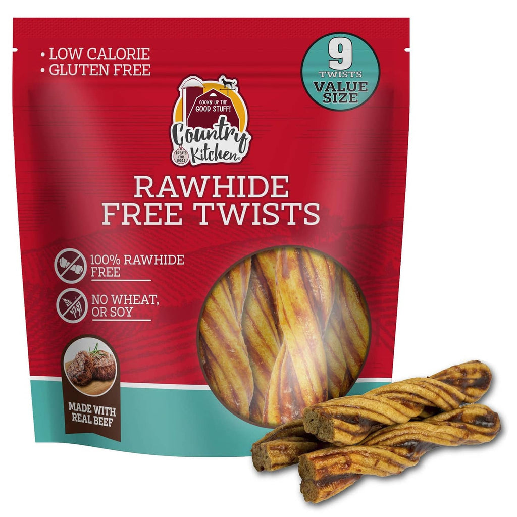 Rawhide-free beef dog chew twists pack with 9 twists shown