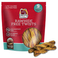 Rawhide-free beef dog chew twists pack with 9 twists shown
