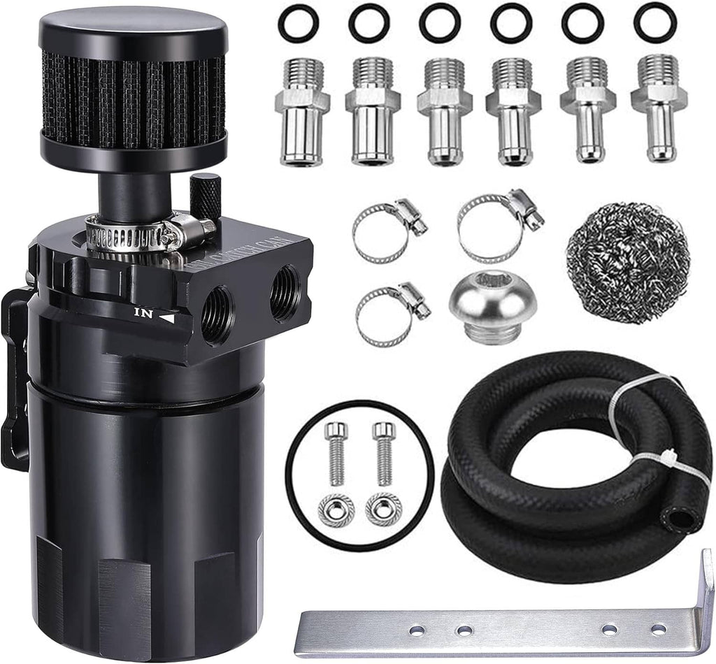 Universal black oil catch can reservoir tank kit with breather filter and fuel hose