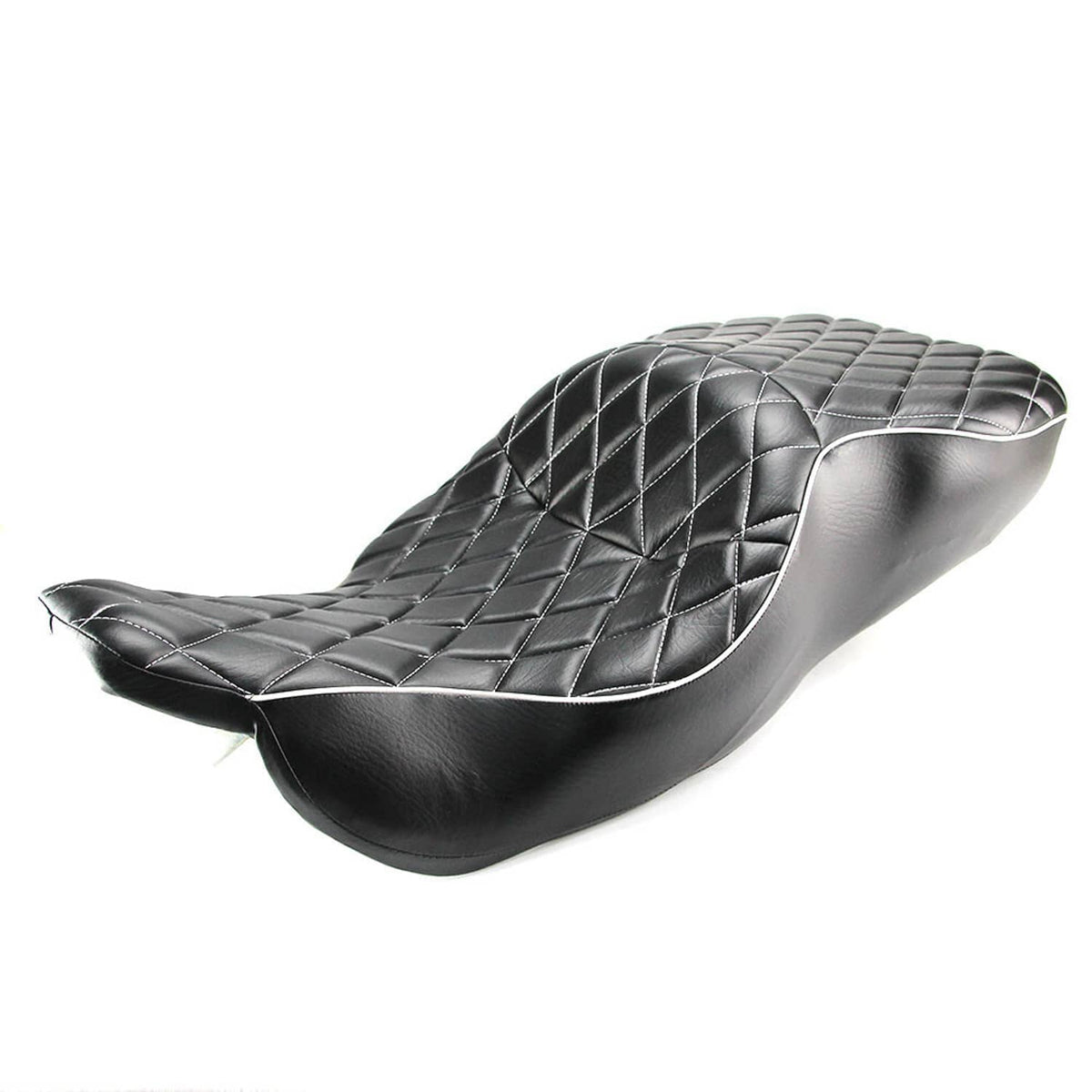 Black motorcycle seat with diamond quilt pattern, contoured shape, and silver piping