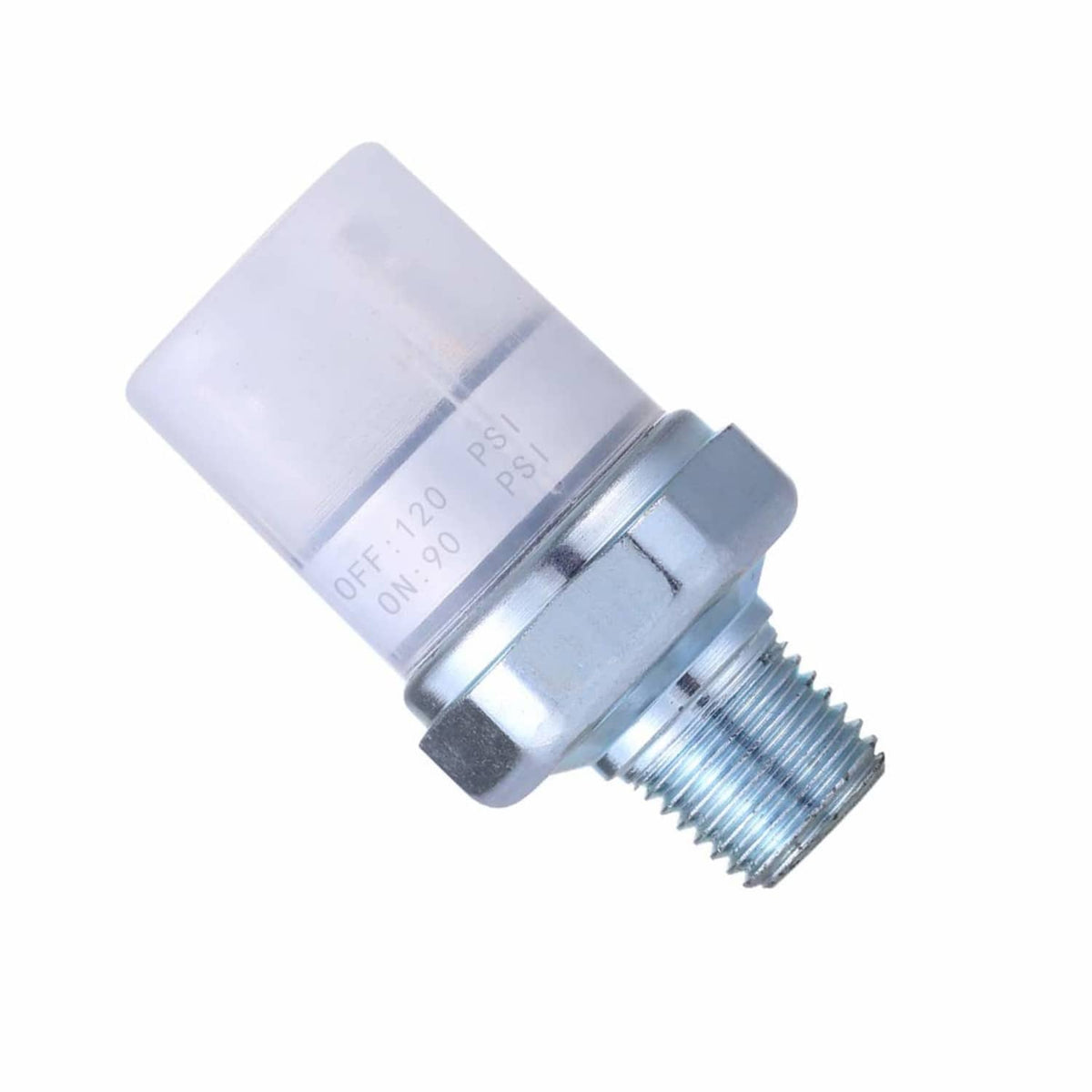 Air pressure switch with clear cover, OFF/ON pressure markings, threaded inlet, metal body
