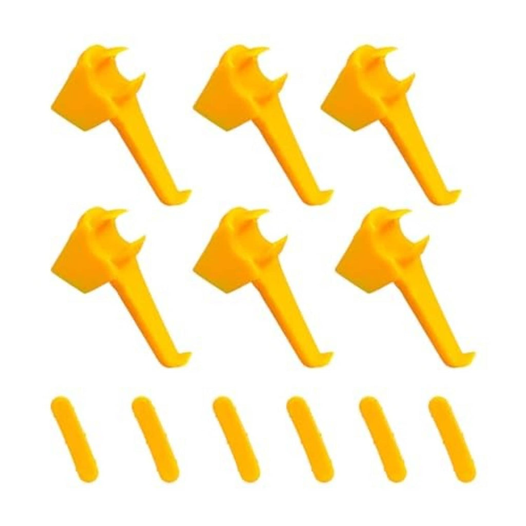Yellow plastic wheel rim edge protector inserts with six claw-shaped pieces and tabs