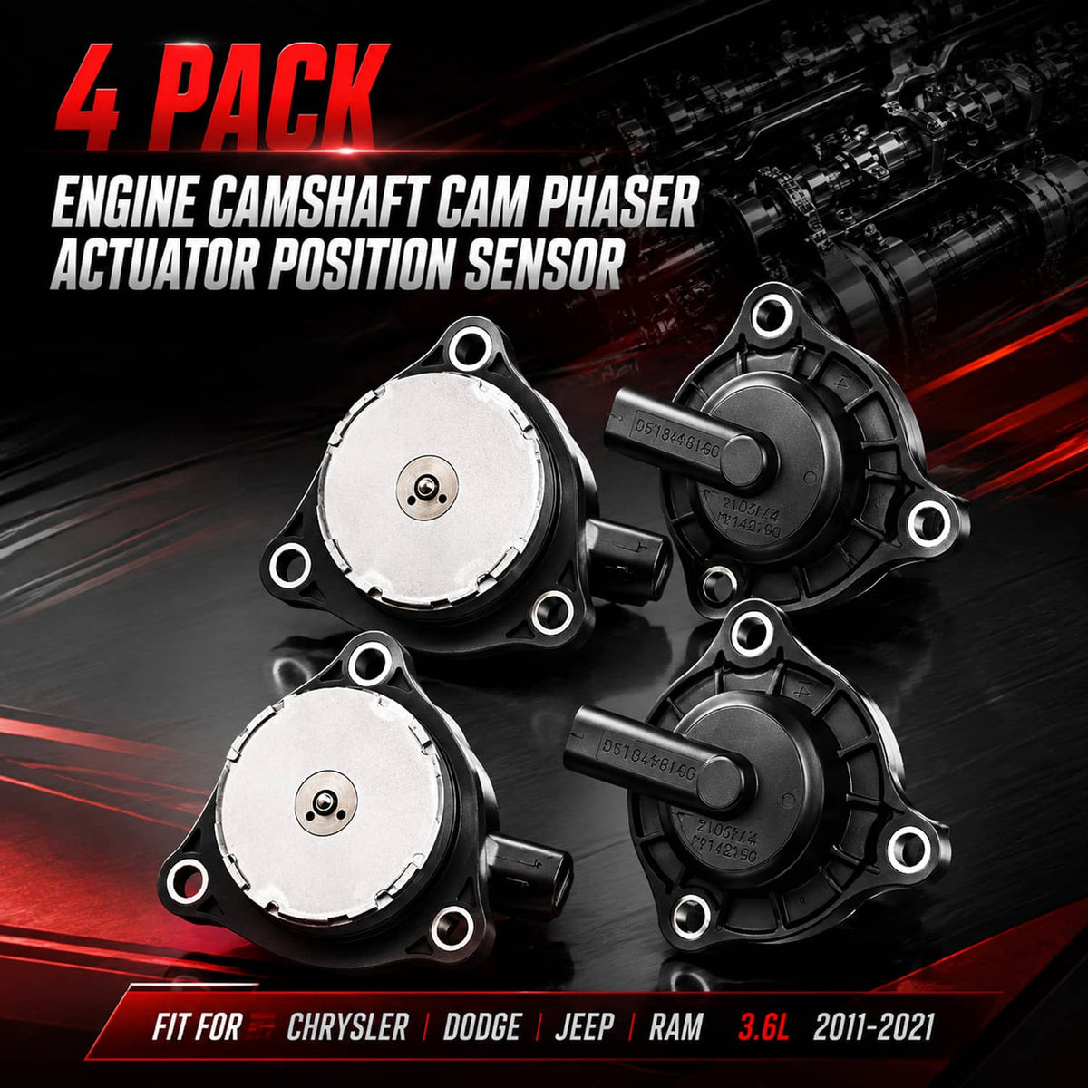 Four-pack camshaft phaser actuator position sensors with black housings and round metal faces