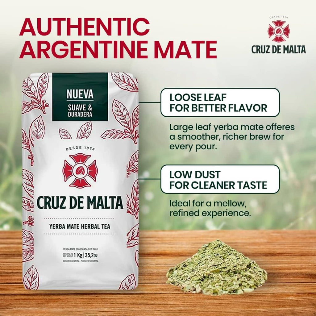 Yerba mate 1 kg loose-leaf tea pouch with a small pile of green leaves