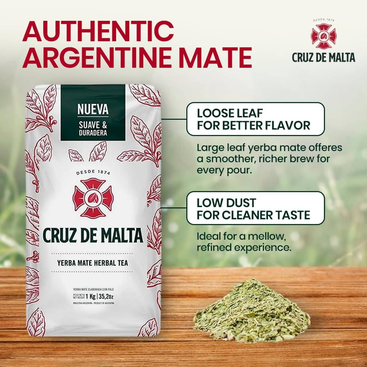 Yerba mate 1 kg loose-leaf tea pouch with a small pile of green leaves