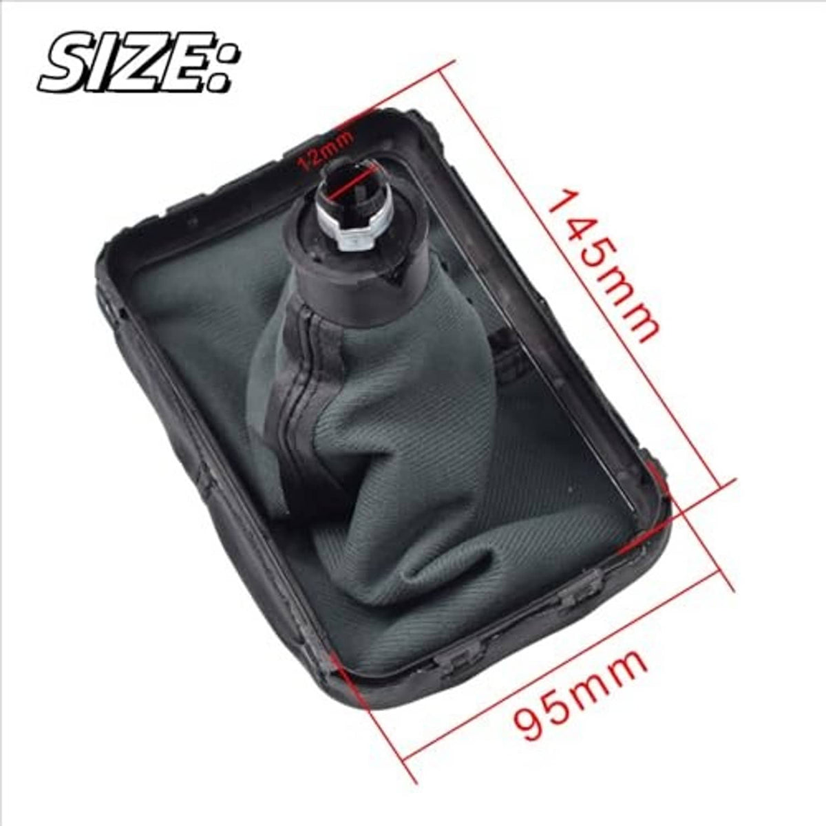 Black leather gear shift boot and knob with red measurement markings and mounting tabs