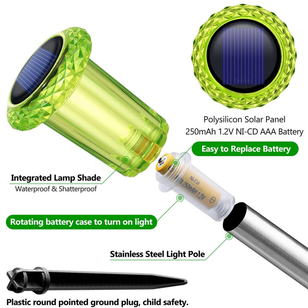 Green solar lamp heads with integrated shade, poly solar panel, and stainless steel poles