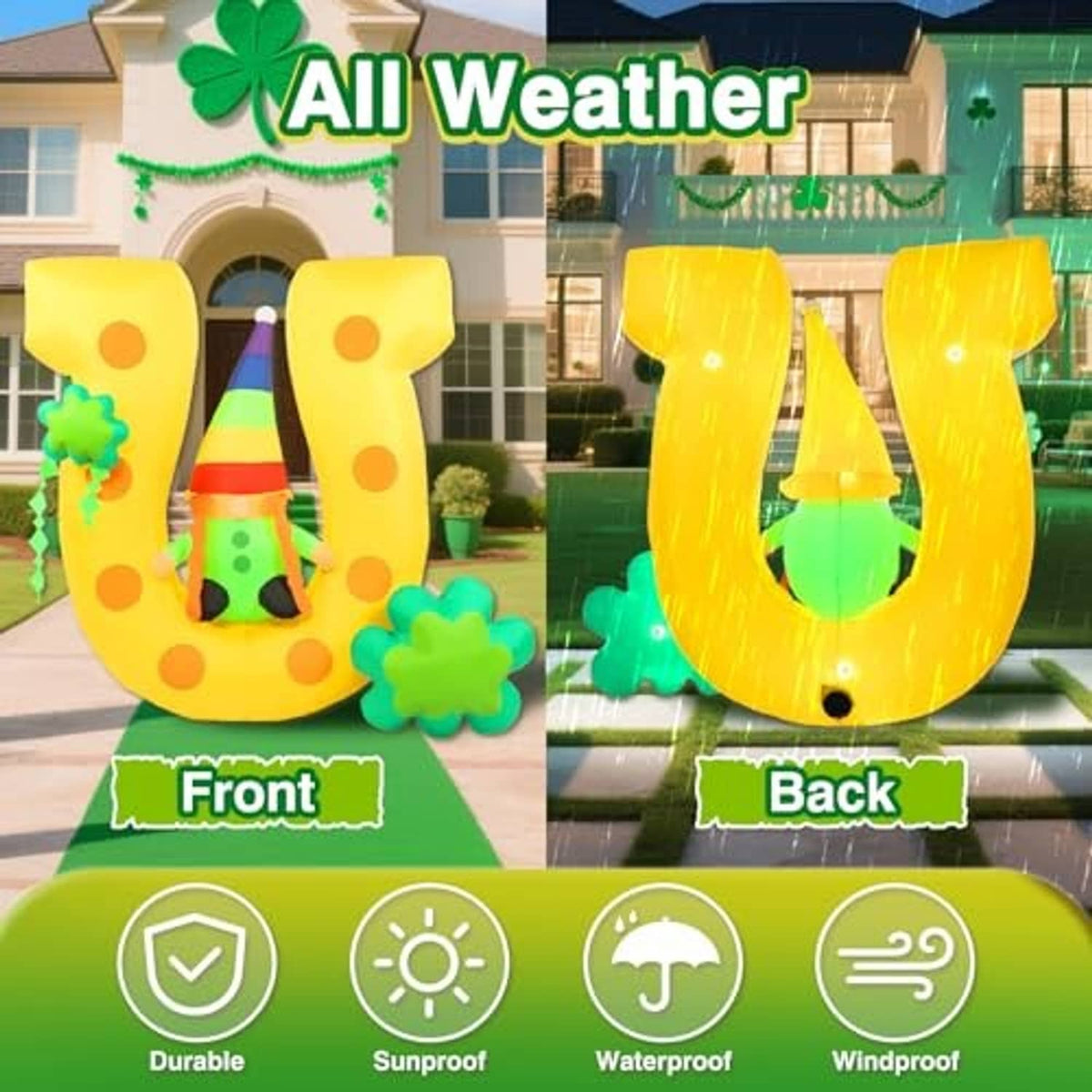 Two views of inflatable yellow gnome decoration with rainbow hat and green clovers