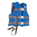 Blue kids life vest with gray straps and three front buckles, Type III jacket