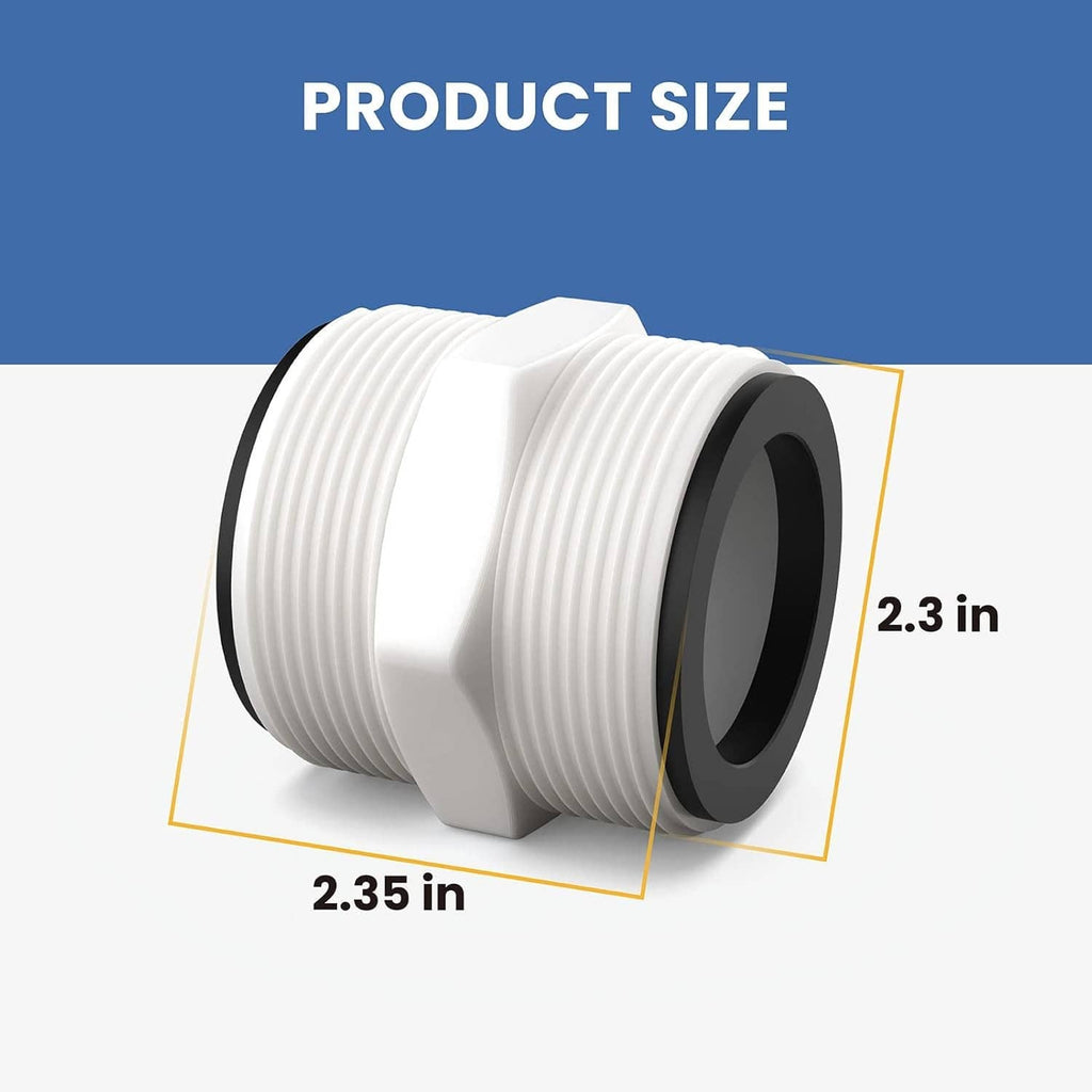 White pool split hose union connector with black gasket and ribbed threading, angled view