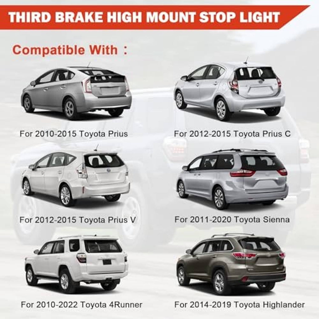 Third brake high mount stop light shown on rear of multiple vehicles, clear rectangular lens