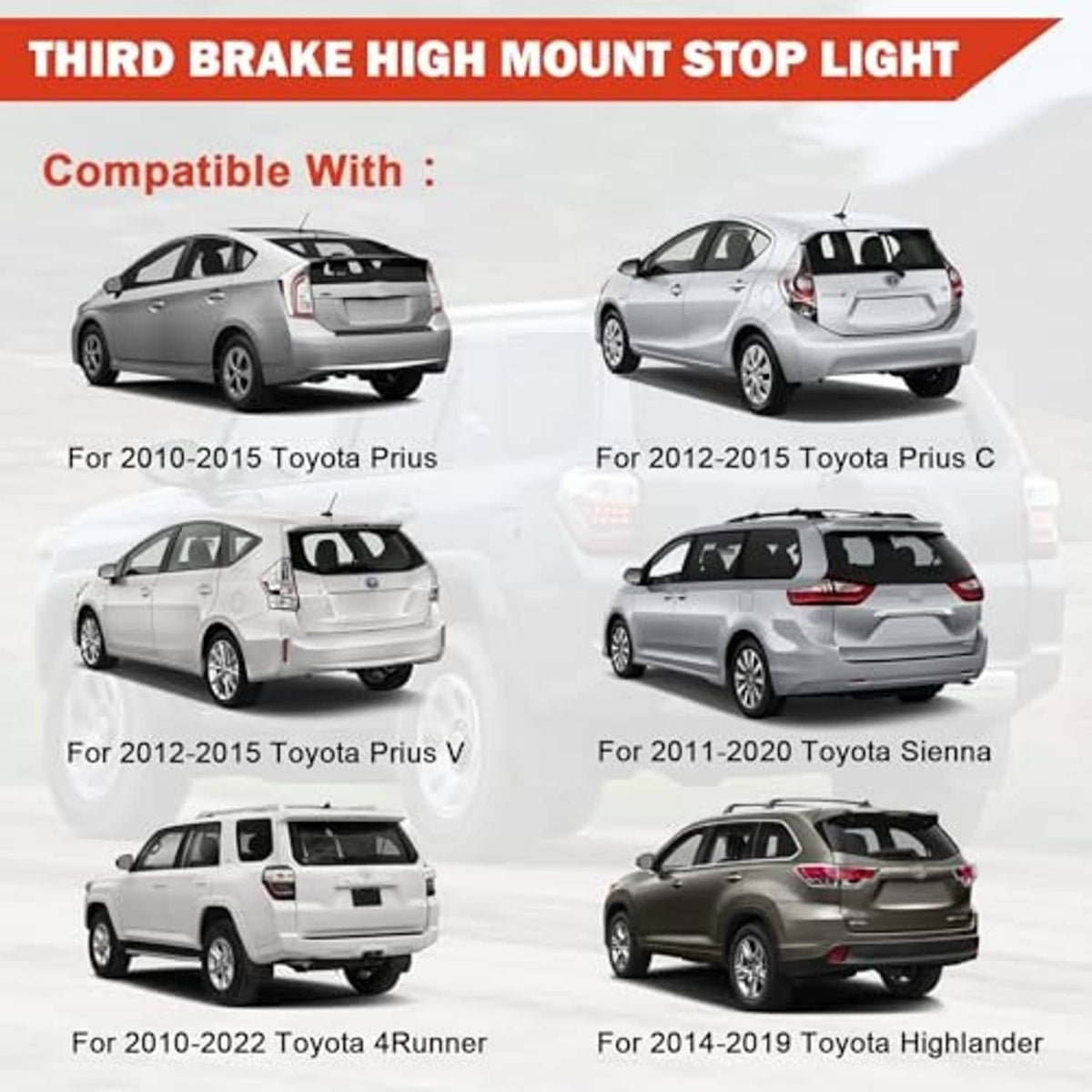 Third brake high mount stop light shown on rear of multiple vehicles, clear rectangular lens