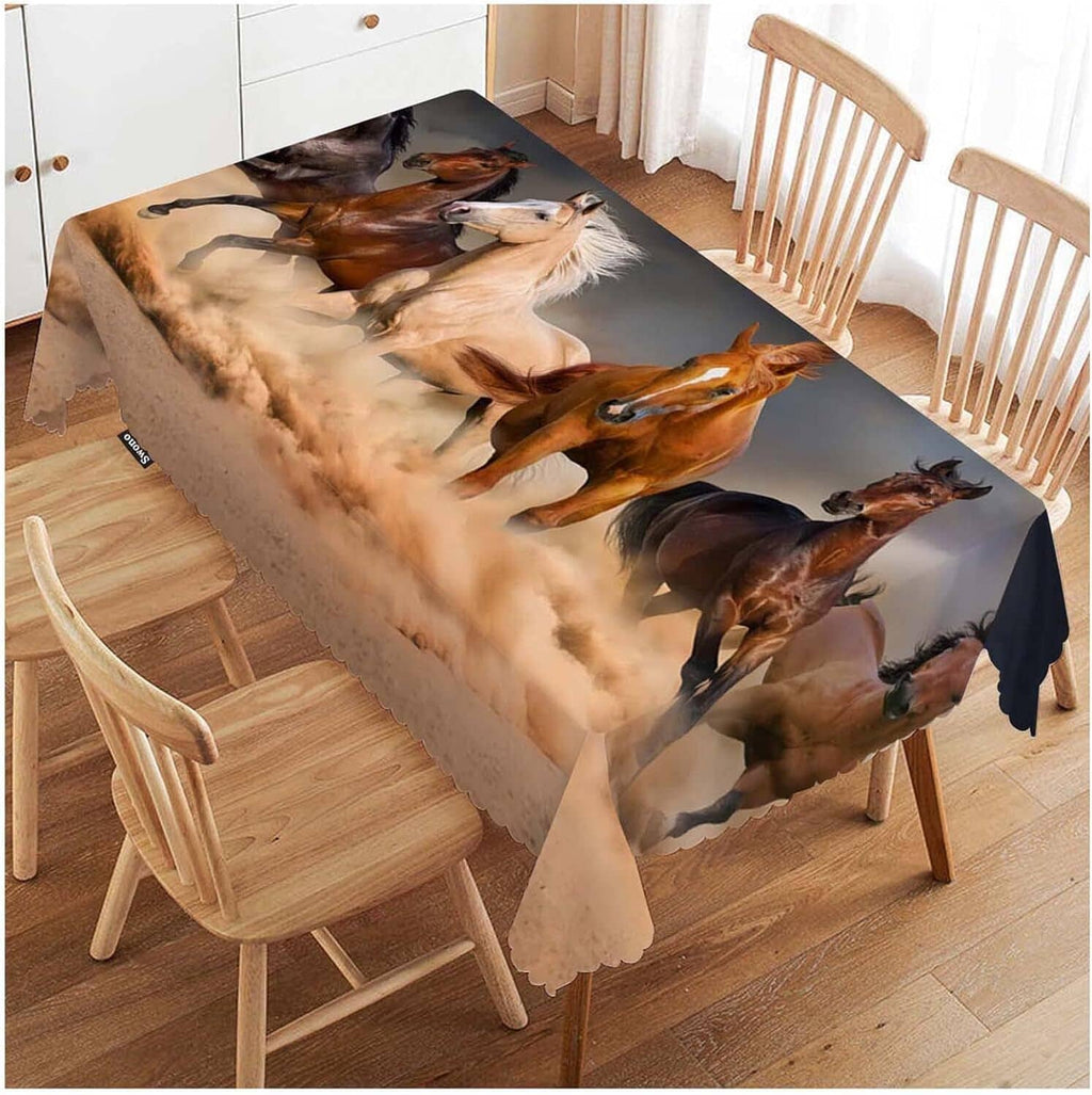 Rectangular horse-print tablecloth with scalloped edge, draped over dining table